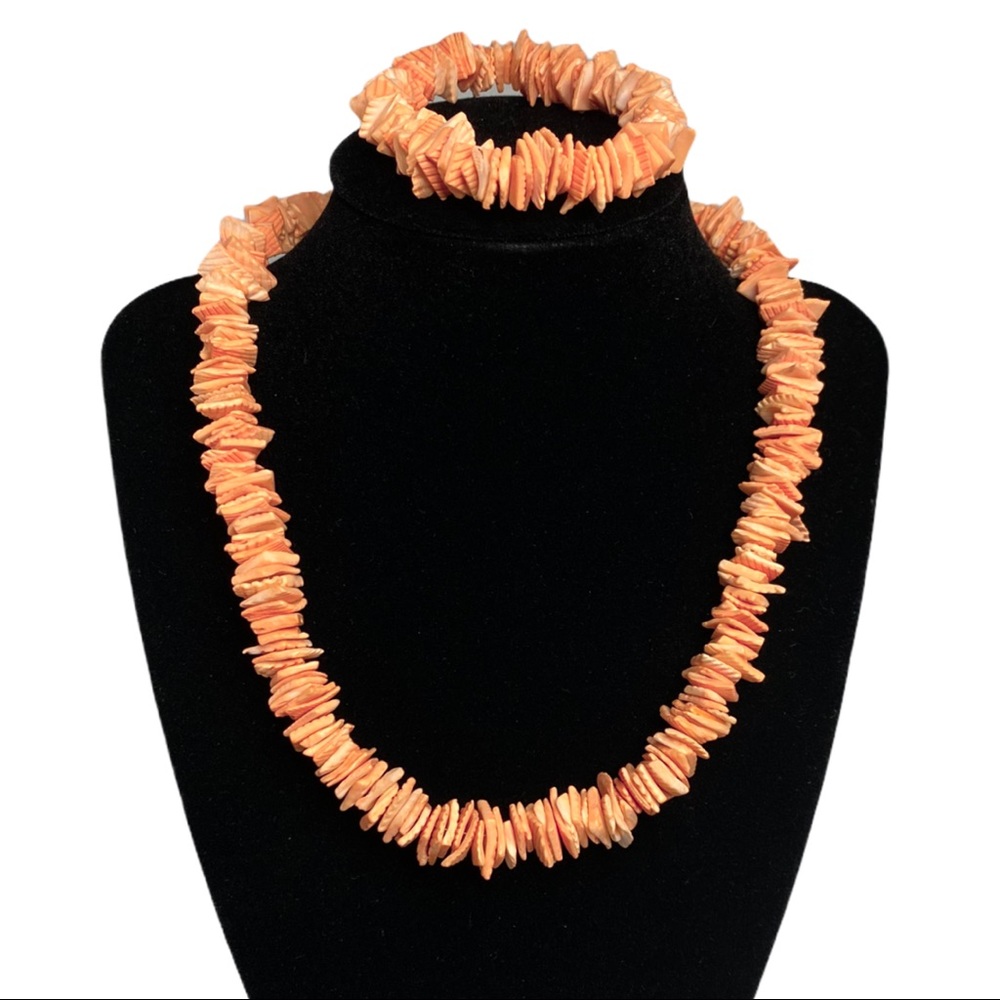 Orange Pink Coral Shell Necklace & Bracelet Set